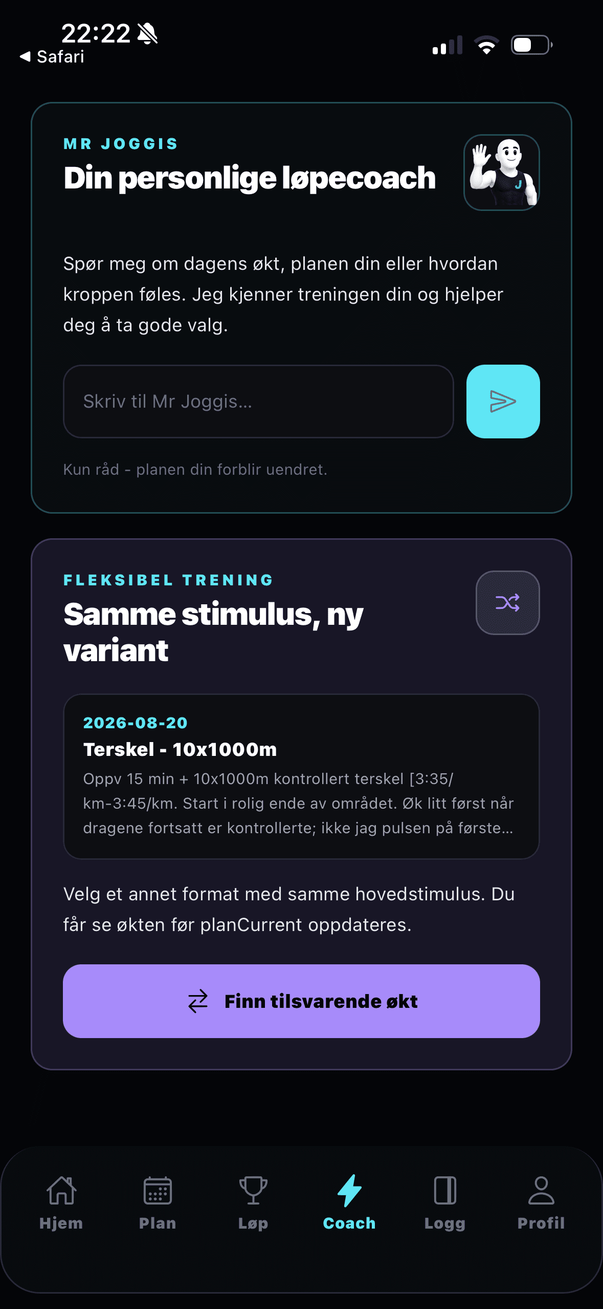 Skjermbilde av Joggis-appen: AI-coach