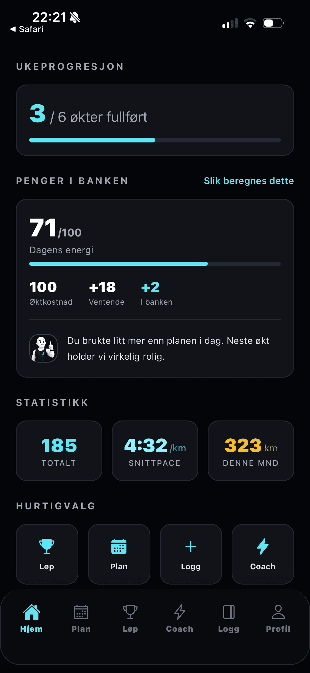 Skjermbilde av Joggis-appen: Hjem