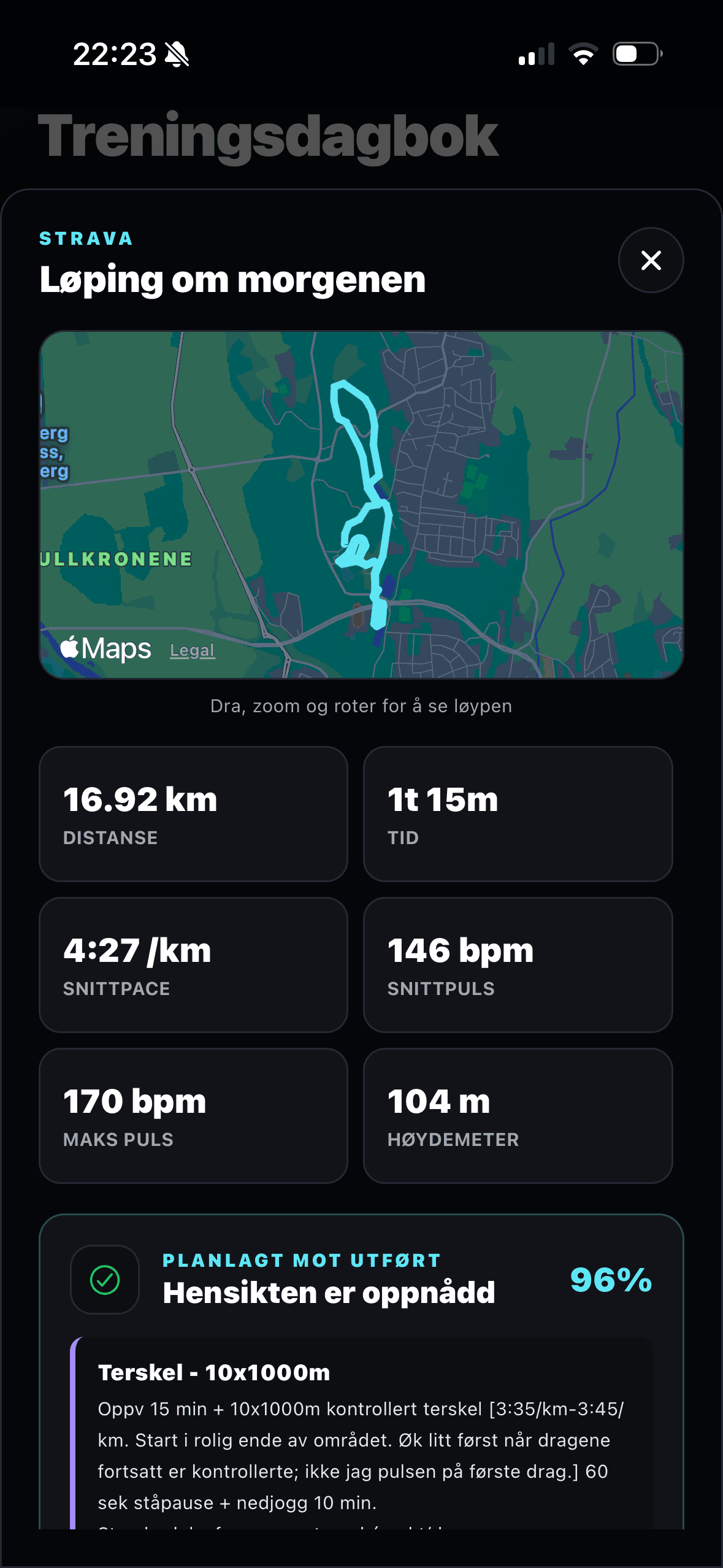 Skjermbilde av Joggis-appen: Økt-detaljer