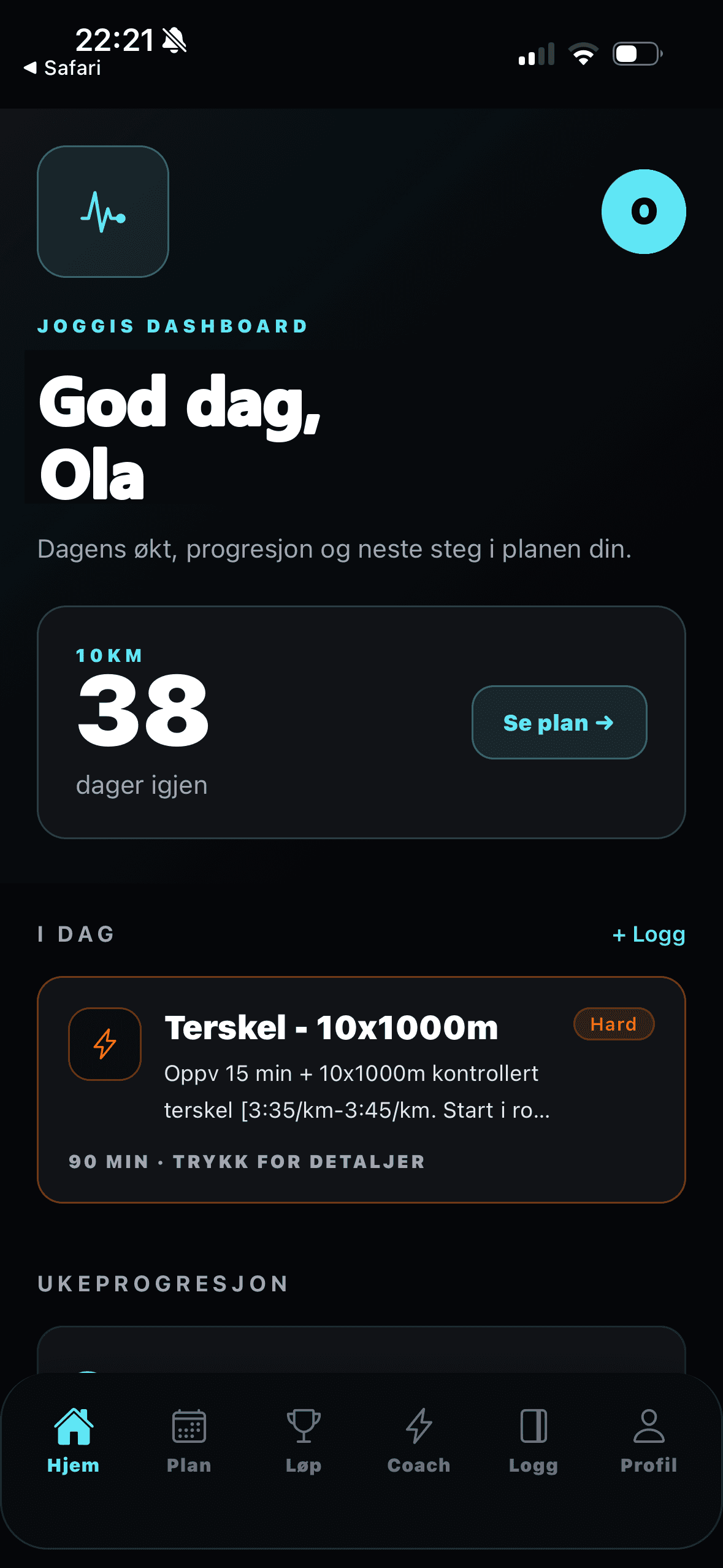 Skjermbilde av Joggis-appen: Oversikt